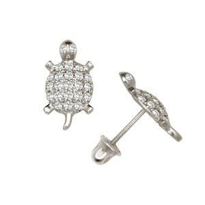 14K Solid White Gold Adorable Little Turtle Studs Earrings Set With Birthstones